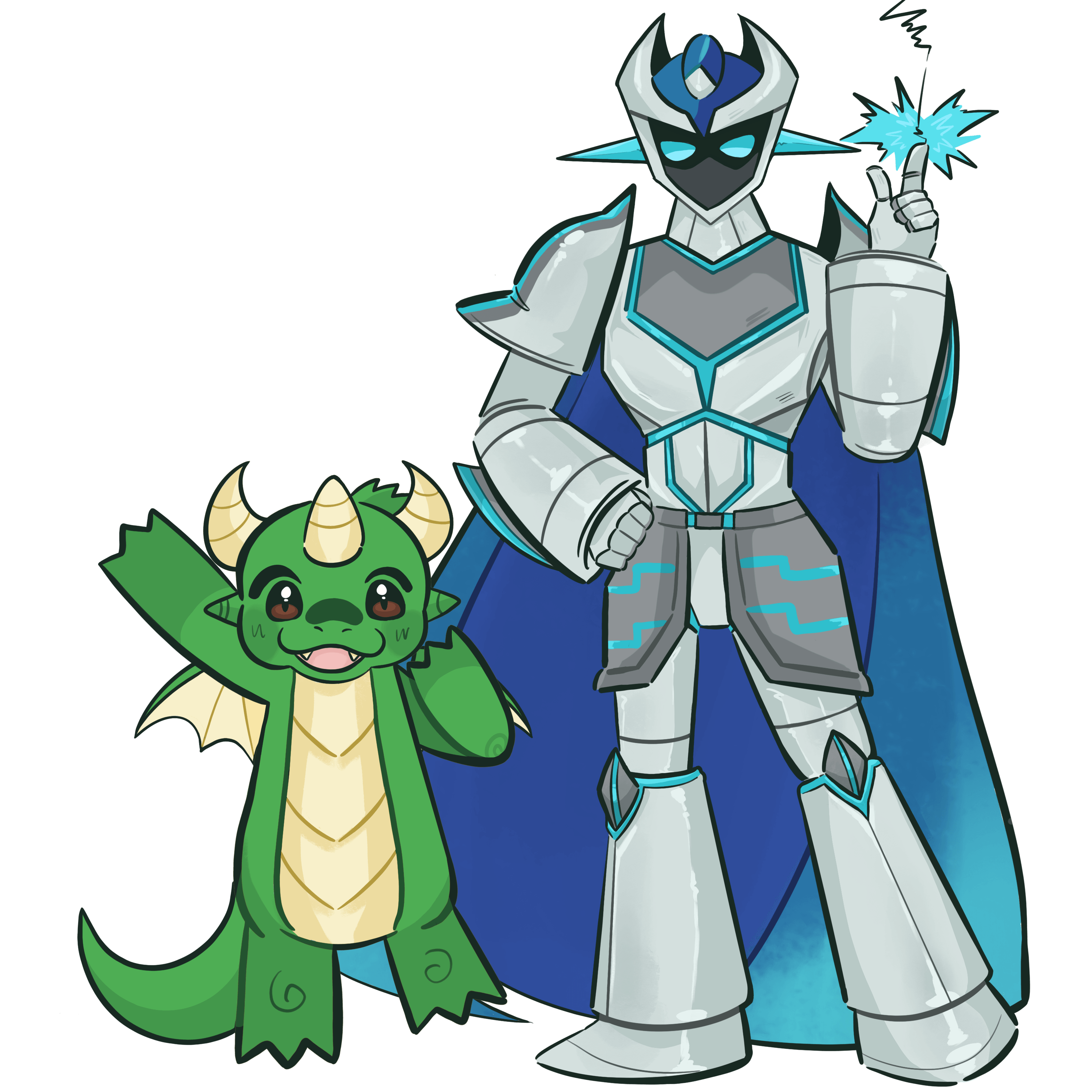 Lenny, the green dragon mascot, standing next to T.K., the knight mascot